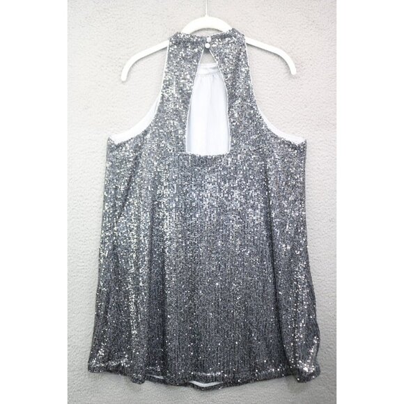 Loft Sleeveless Full Sequin Cutout Back Halter Swing Dress-Size Large-Silver - Picture 7 of 12